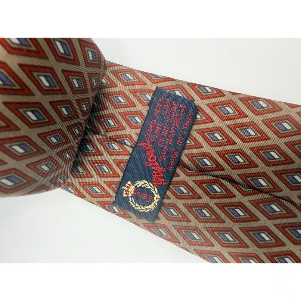 Mulberry Mens Silk Tie Made in Italy Geometric Diamond Pattern Red Blue Tan